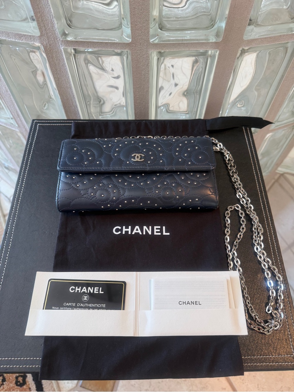 CHANEL Navy Blue Quilted Camellia Studded Leather Wallet, Unbranded Silver Chain